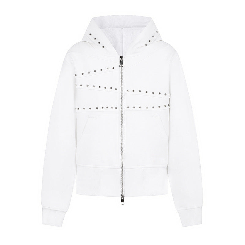 Damen Kapuzen-Sweatjacke mit Nietenbesatz, durchgehendem Reißverschluss und Kängurutaschen Nord Taschen