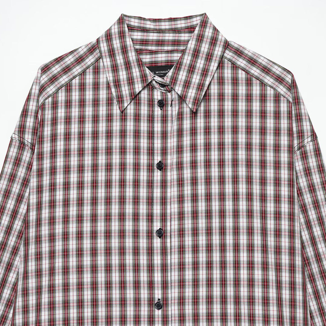 Damen Oversize-Karobluse mit Hemdkragen und abgerundetem Saum Nord Taschen