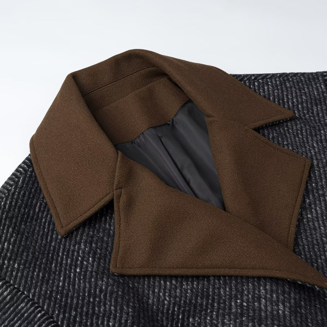 Damen Langer Woll-Herringbone Mantel mit Bindegürtel und großem Reverskragen Nord Taschen