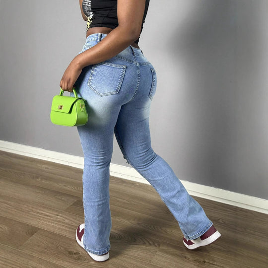 Damen Hochtaillierte Distressed Flared-Jeans mit Paneelnähten Nord Taschen