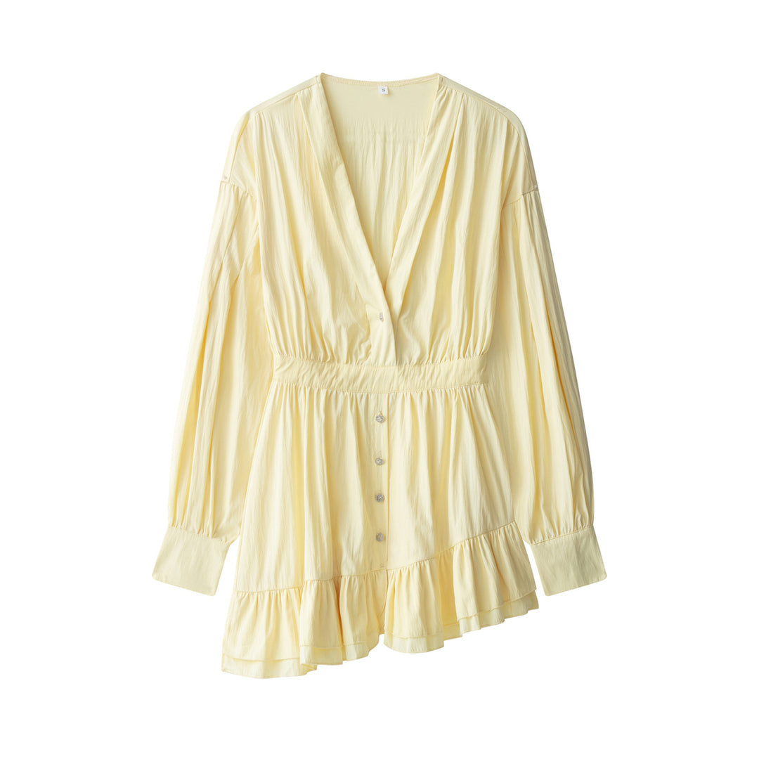 Damen Langes Tunika‑Kleid mit tiefem V‑Ausschnitt, tailliertem Riegel und Stufenvolant Nord Taschen