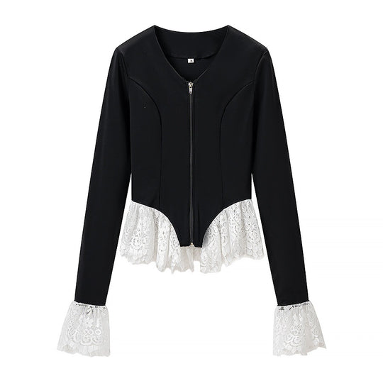 Damen Taillierte Zip‑Jacke mit Spitzenvolant am Saum und Ärmelabschluss Nord Taschen