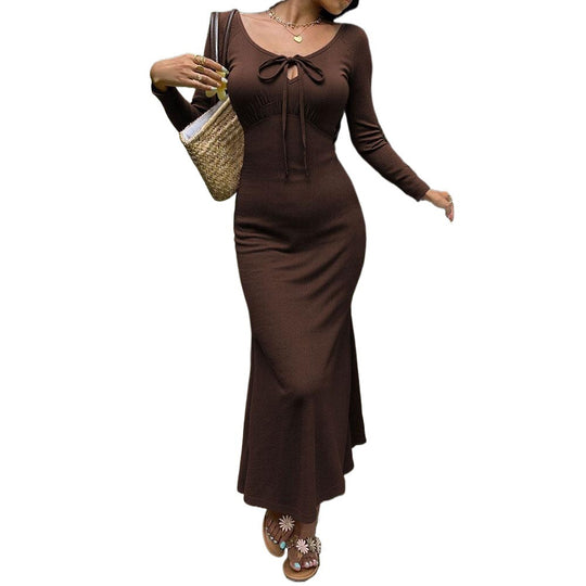 Damen figurbetontes Ripp-Maxikleid mit langen Ärmeln, Knoten‑Keyhole und ausgestelltem Meerjungfrauen-Saum Nord Taschen