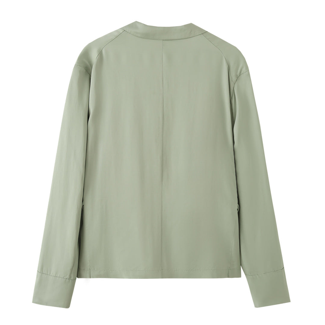Damen Leichter Cropped Blazer mit Bindegürtel und Schalkragen Nord Taschen