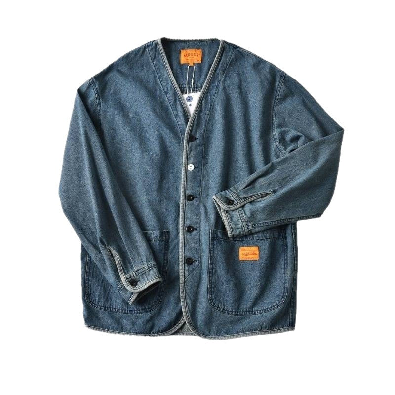 Herren Denim-Chorejacke im Worker-Look mit V-Ausschnitt und aufgesetzten Taschen Nord Taschen
