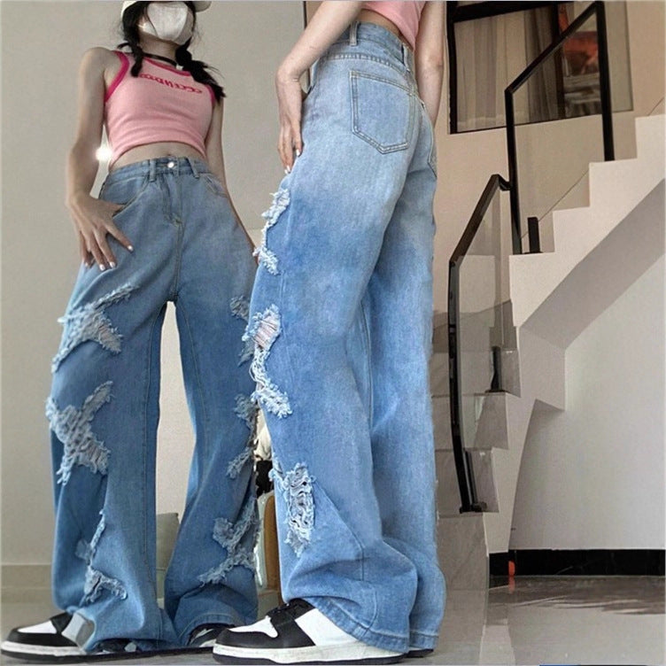 Damen Weite Denim-Jeans im Baggy-Stil mit dekorativen Fransenstern-Applikationen Nord Taschen