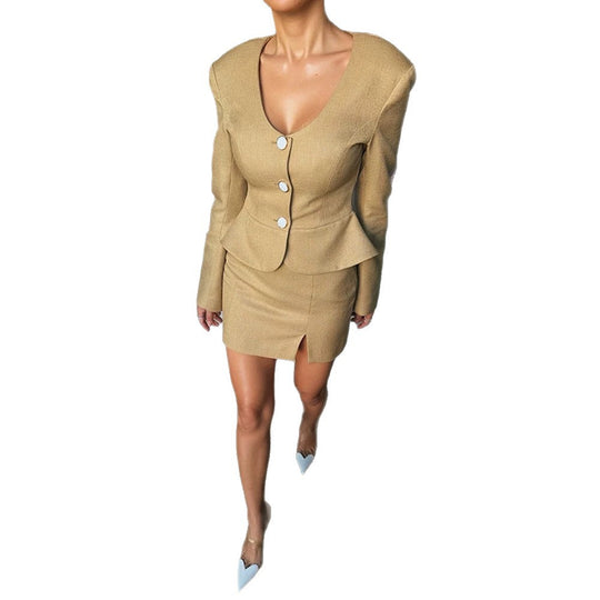 Damen Figurbetontes Peplum‑Blazer und Mini‑Bleistiftrock Set Nord Taschen