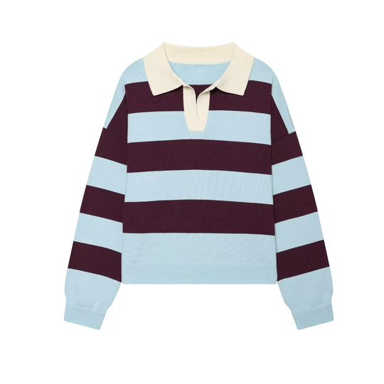 Damen Oversize Rugby-Pullover mit Polokragen und breiten Blockstreifen Nord Taschen