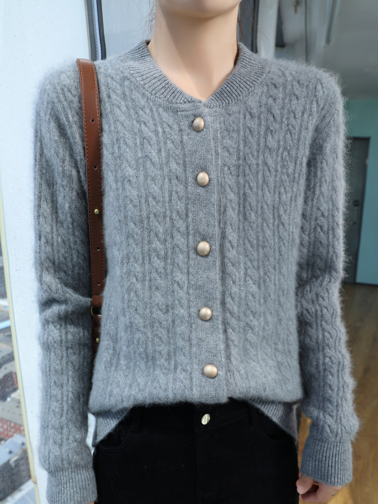 Damen Leichter Zopfstrick-Cardigan in Mohair‑Optik mit dekorativen Perlmuttknöpfen Nord Taschen