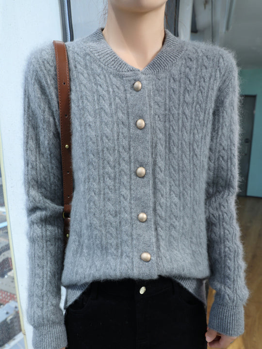 Damen Leichter Zopfstrick-Cardigan in Mohair‑Optik mit dekorativen Perlmuttknöpfen Nord Taschen
