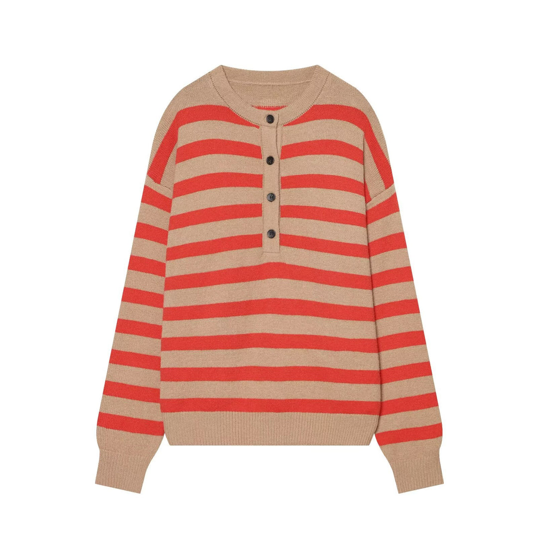Damen Gestreifter Strickpullover mit Henley-Knopfleiste Nord Taschen