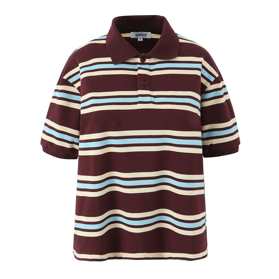 Damen Lässiges Langarm-Poloshirt mit Streifenmuster und Rippbündchen Nord Taschen