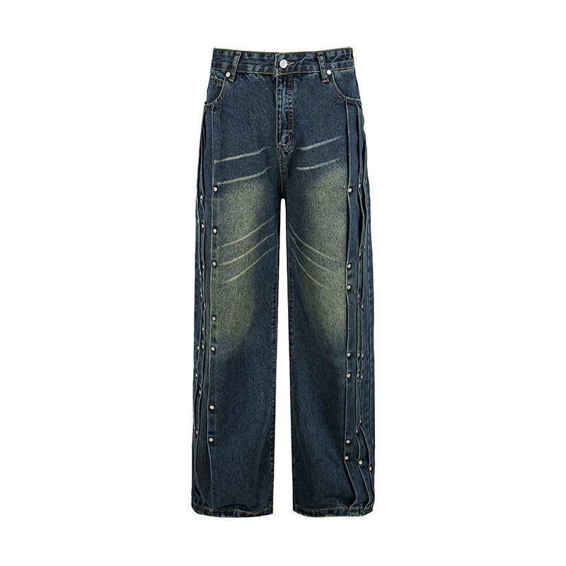 Damen Weite Denim-Jeans mit Druckknopf-Seitenleisten, hoher Taille und Used-Waschung Nord Taschen