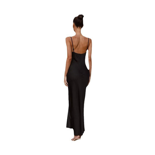 Damen Elegantes, fließendes Maxikleid aus hochwertigem Satin mit Spaghettiträgern