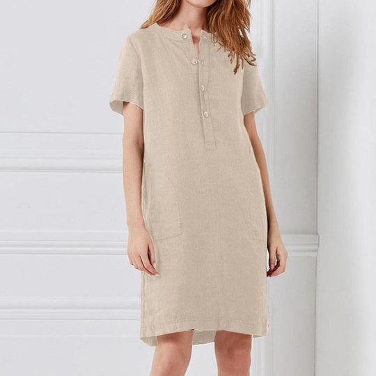 Damen lässiges Leinenkleid mit Knopfleiste und praktischen Taschen