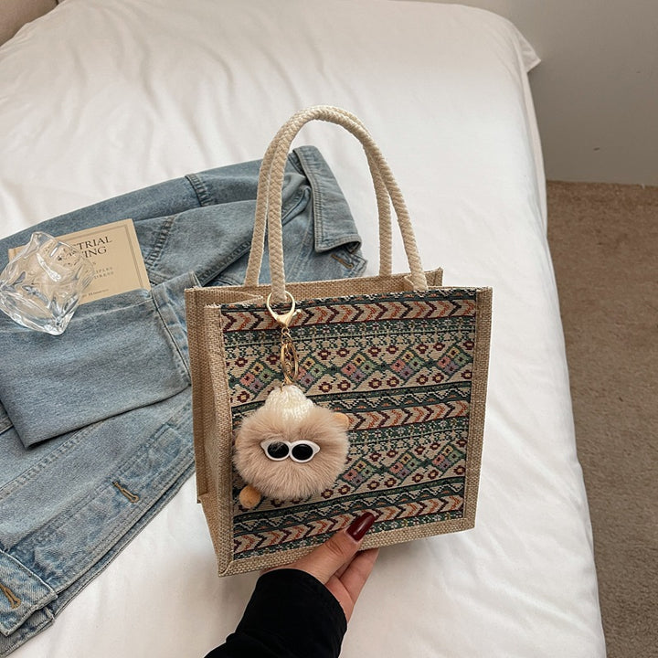 Damen Jute-Tragetasche mit dekorativem Ethno-Muster Nord Taschen