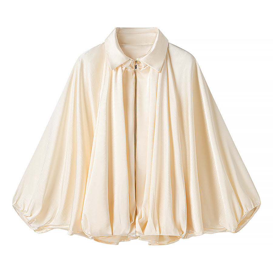 Damen Satin-Cape-Bluse mit Reißverschluss, Ballonärmeln und gerafftem Saum Nord Taschen