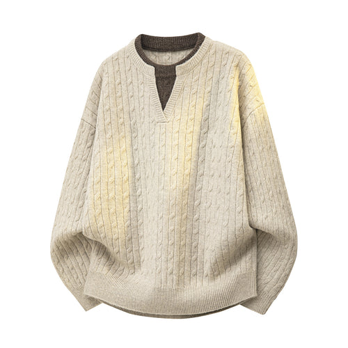 Damen Oversize Zopfstrick-Pullover mit V‑Ausschnitt und Lagenkragen Nord Taschen
