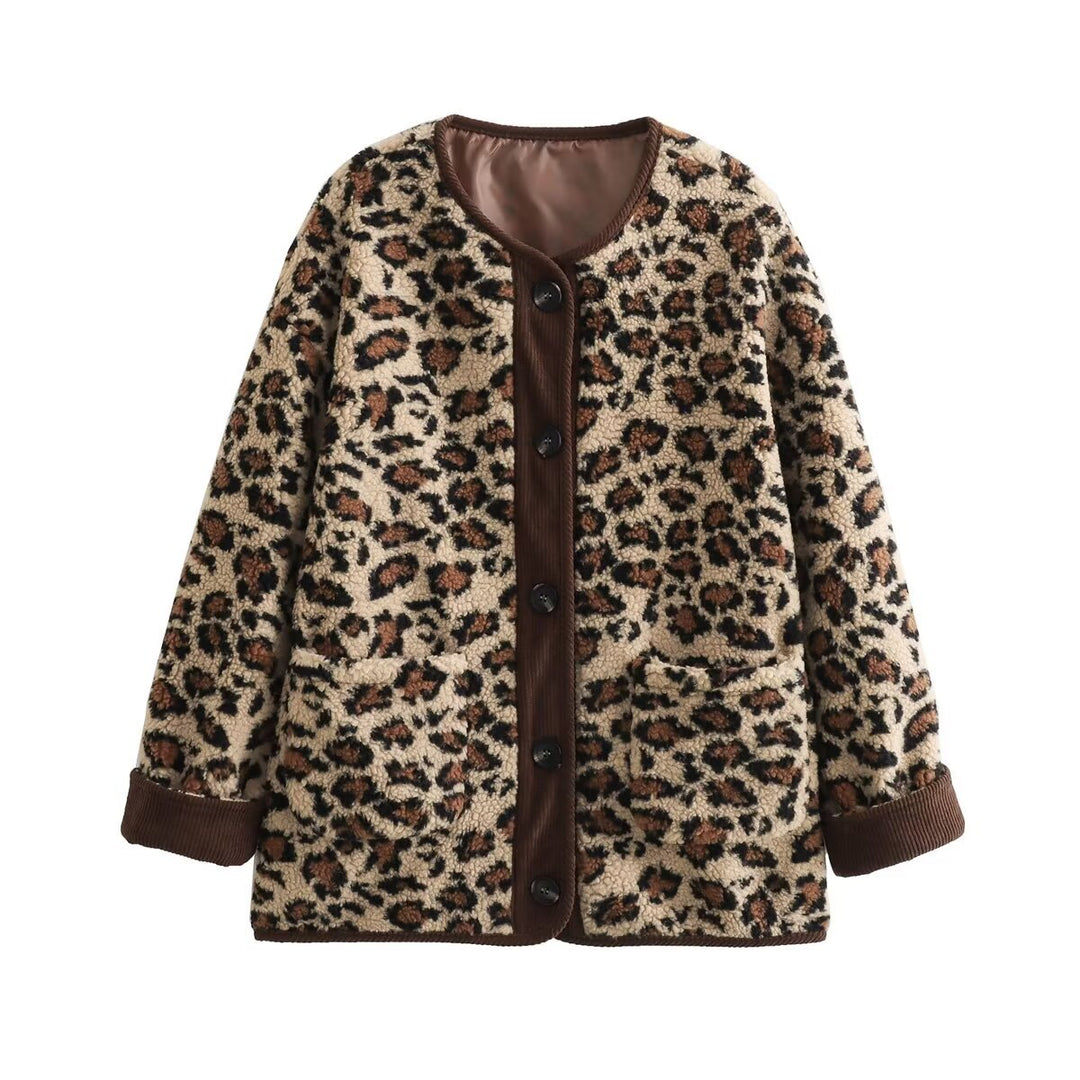 Damen Teddyjacke mit Leopardenprint, Cordbesatz und Knopfverschluss Nord Taschen