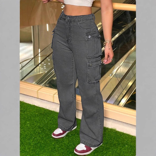 Damen Cargo-Denim-Hose mit weitem Bein, hoher Taille & multifunktionalen Klappentaschen Nord Taschen