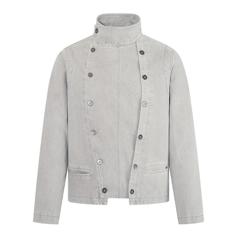 Herren asymmetrische Jeansjacke mit Stehkragen und zweireihiger Druckknopfleiste Nord Taschen