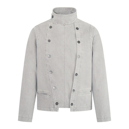 Herren asymmetrische Jeansjacke mit Stehkragen und zweireihiger Druckknopfleiste Nord Taschen