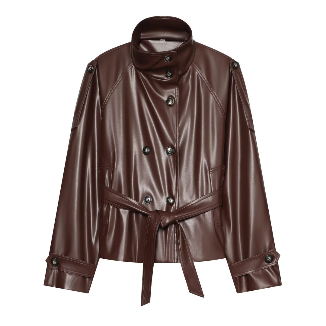 Damen Kurzer Trench‑Blouson in Lederoptik mit Taillengürtel, hohem Stehkragen und doppelter Knopfleiste Nord Taschen