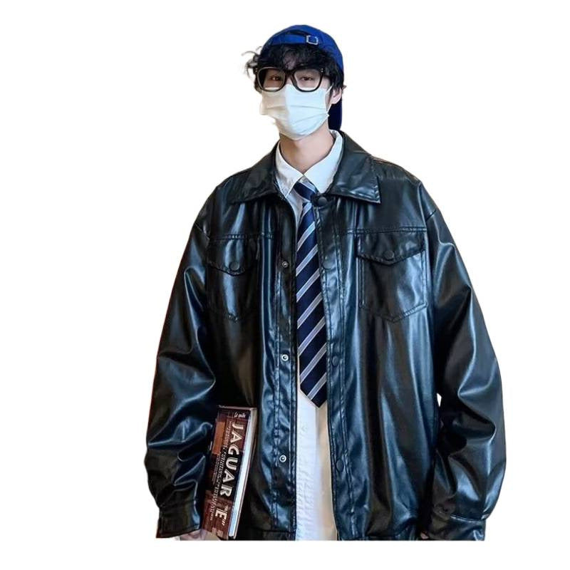 Herren Oversized Kunstleder-Hemdenjacke im Boxy-Look mit Pattentaschen und Druckknopfleiste Nord Taschen