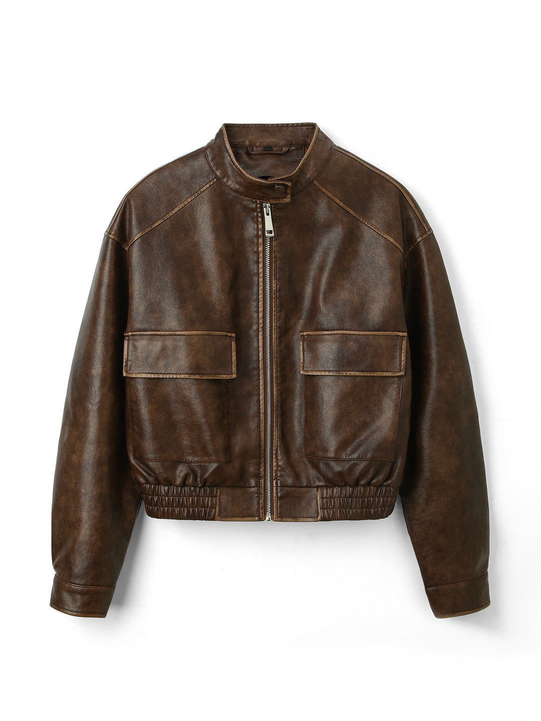 Herren Vintage-Leder-Bomberjacke mit Stehkragen, Pattentaschen und elastischem Bund Nord Taschen