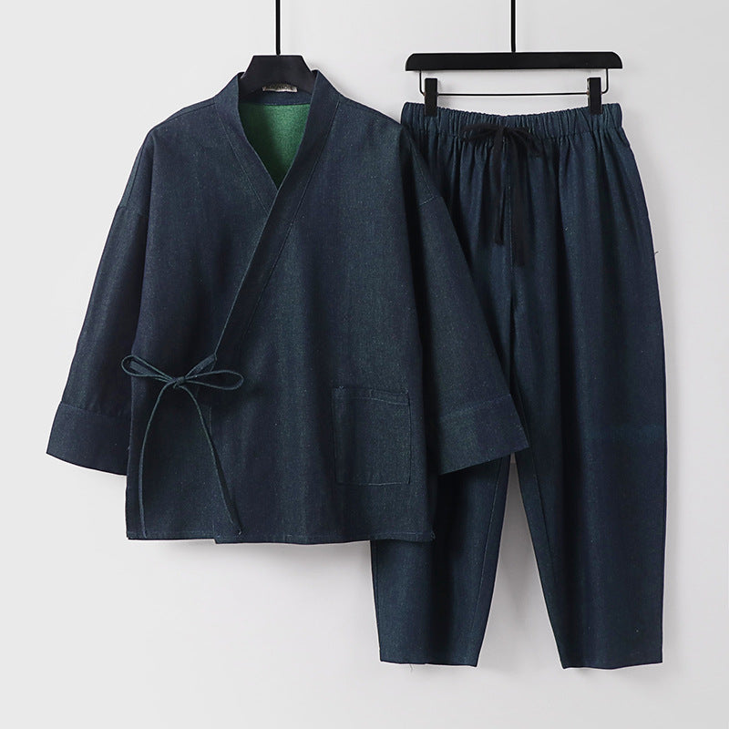 Unisex Lässiges Denim-Kimono-Set mit kurzarm Jacke, Bindeband und elastischer Bundhose Nord Taschen