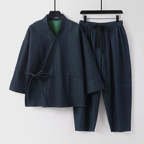 Unisex Lässiges Denim-Kimono-Set mit kurzarm Jacke, Bindeband und elastischer Bundhose Nord Taschen