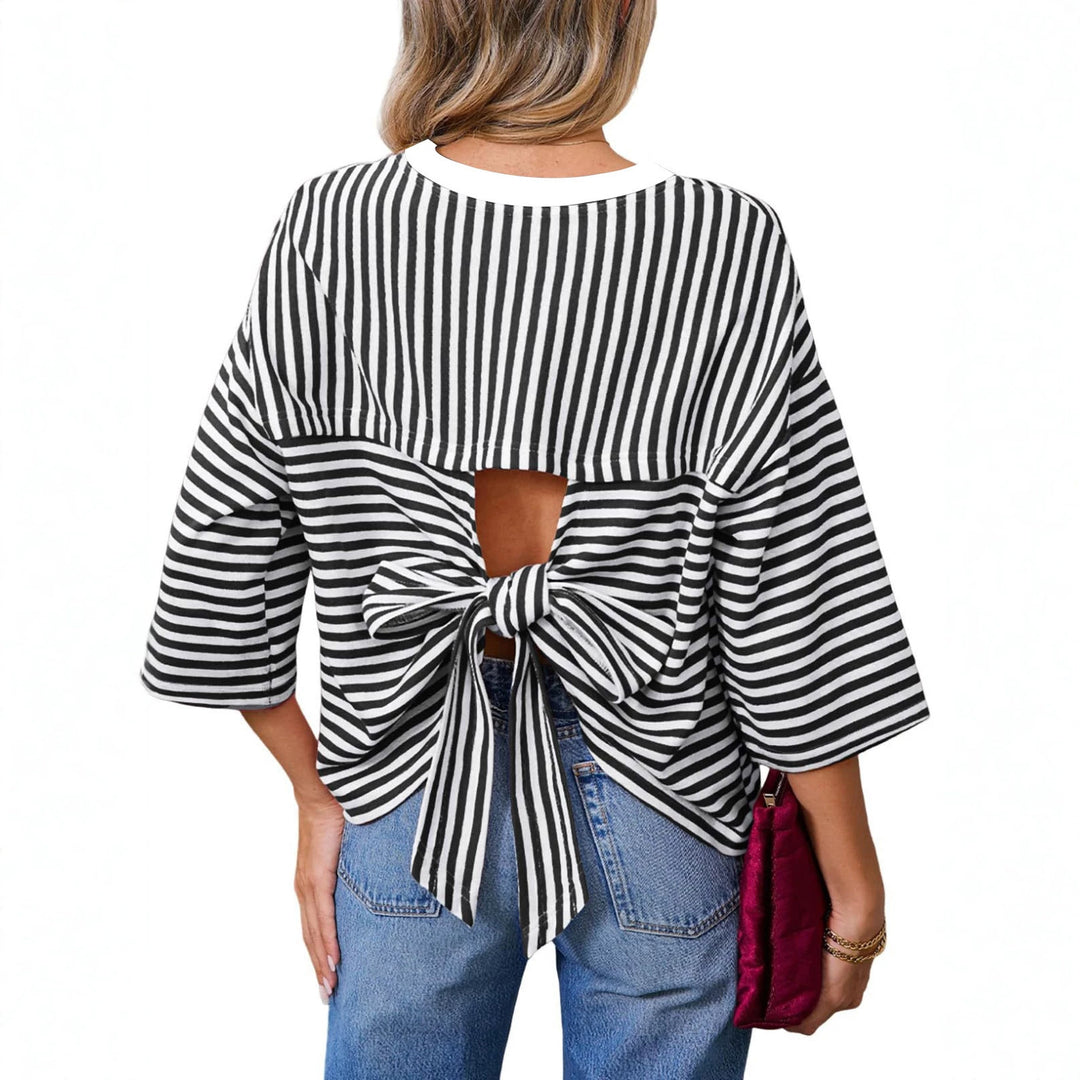 Damen Gestreiftes Oversize-Shirt mit Rückenausschnitt und Schleifenbindung Nord Taschen