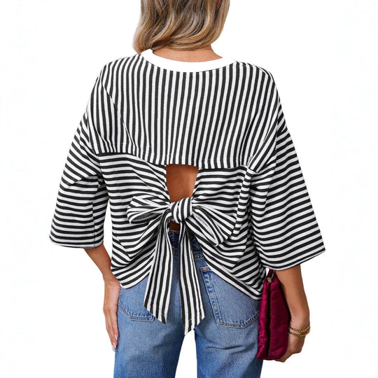Damen Gestreiftes Oversize-Shirt mit Rückenausschnitt und Schleifenbindung Nord Taschen
