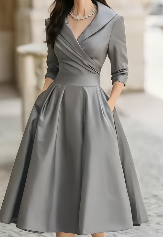 Damen Elegantes Satin-Midikleid mit Wickeloberteil, mittellangen Ärmeln und Eingrifftaschen Nord Taschen