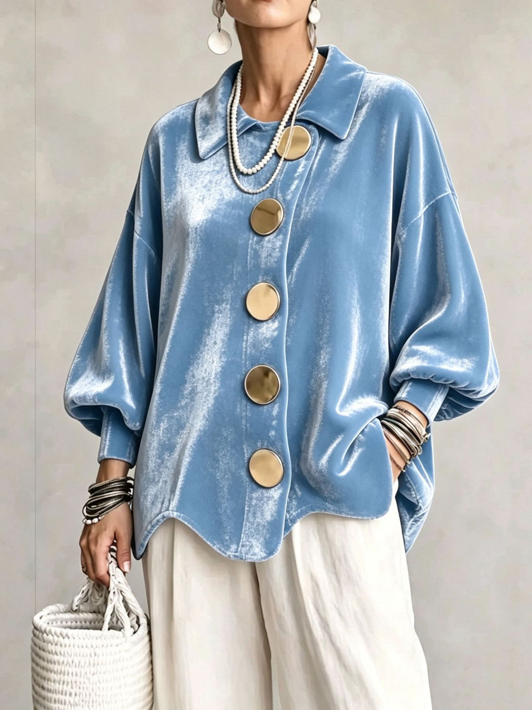 Damen Oversized Samtjacke mit großen Zierknöpfen und Balloon-Ärmeln Nord Taschen