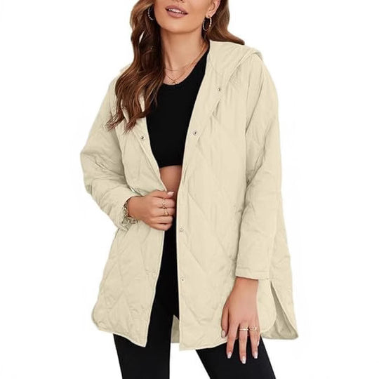 Damen gesteppte Kapuzenjacke mit Druckknopfleiste, seitlichen Schlitzen und mittlerer Länge Nord Taschen