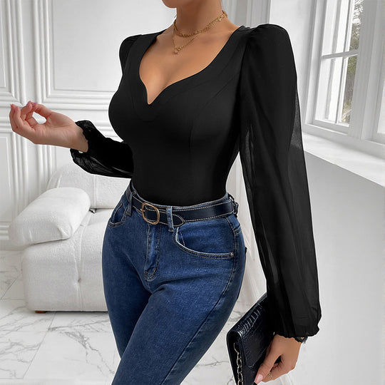 Damen Eleganter Bodys mit V-Ausschnitt und Puffärmeln Nord Taschen