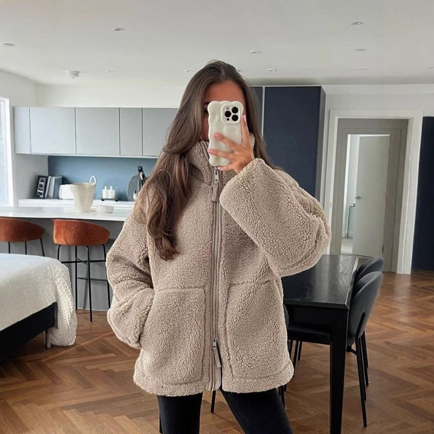 Damen Oversize Teddy-Fleece Jacke mit Reißverschluss und Stehkragen Nord Taschen