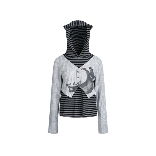 Damen Lagenlook-Kapuzenpullover mit gestreiftem Unterteil und kurzem Rippbolero Nord Taschen