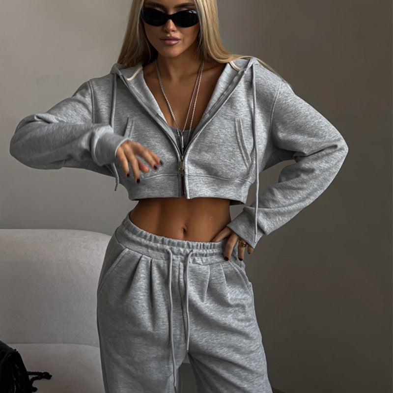Damen stylisches Crop-Set aus Kapuzenpullover und bequemen Jogginghosen