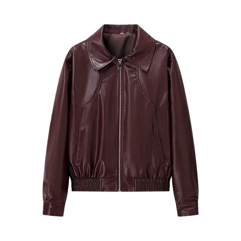 Damen Kurz geschnittene Lederoptik-Jacke mit betonten Schultern, Reißverschluss und Hemdkragen Nord Taschen