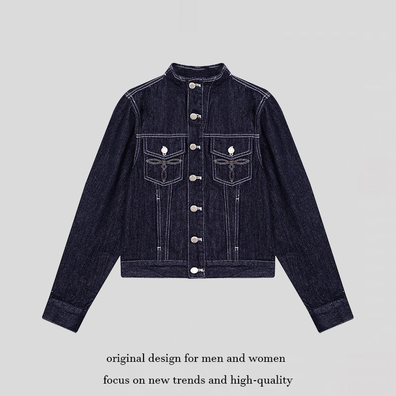 Damen Taillierte Jeansjacke mit Stehkragen, Ziernähten und Metallknopfverschluss Nord Taschen