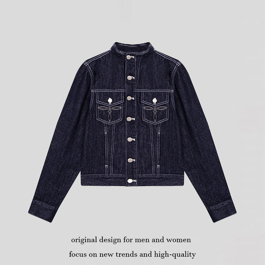 Damen Taillierte Jeansjacke mit Stehkragen, Ziernähten und Metallknopfverschluss Nord Taschen