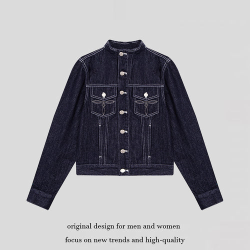 Damen Taillierte Jeansjacke mit Stehkragen, Ziernähten und Metallknopfverschluss Nord Taschen