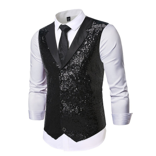 Herren Glänzende Pailletten‑Weste mit Satin‑Revers und taillierter Silhouette Nord Taschen
