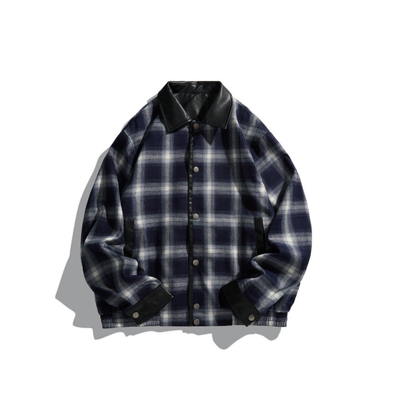 Herren Kastenförmige karierte Hemdjacke mit Kunstlederkragen, Druckknopfverschluss und Lederbesätzen Nord Taschen
