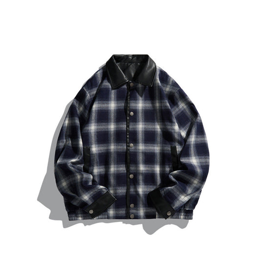 Herren Kastenförmige karierte Hemdjacke mit Kunstlederkragen, Druckknopfverschluss und Lederbesätzen Nord Taschen
