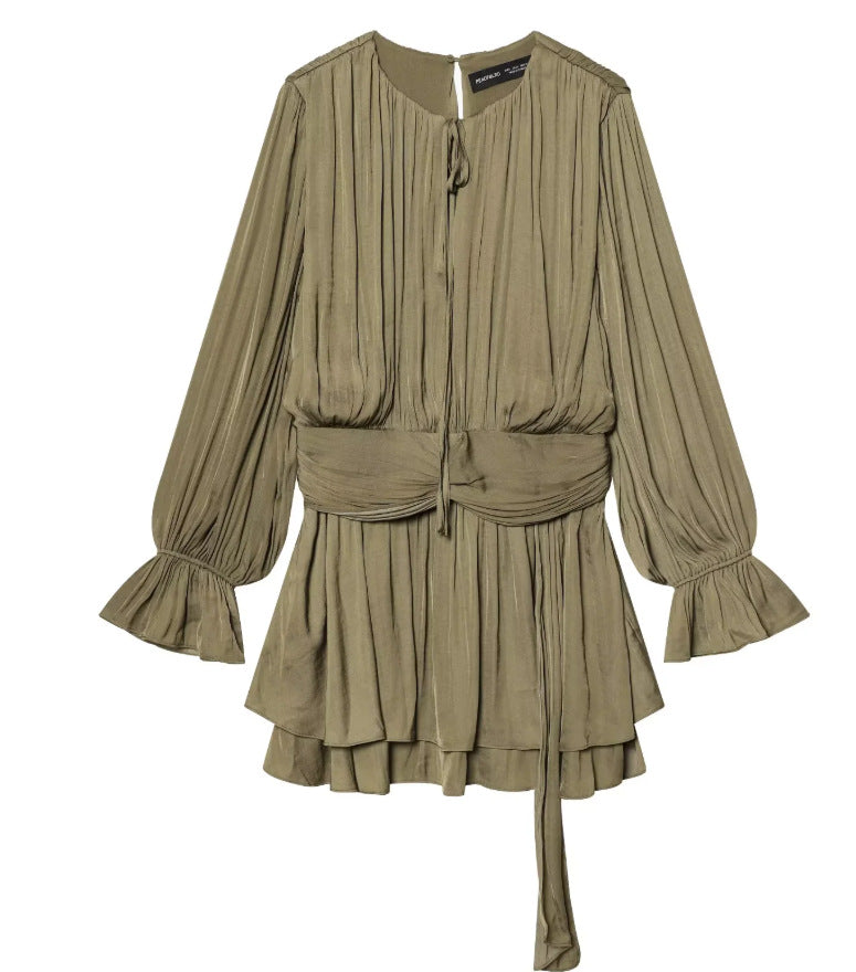 Damen Plissiertes Bindeblouson-Minikleid mit tailliertem Wickelgürtel und Glockenärmeln Nord Taschen