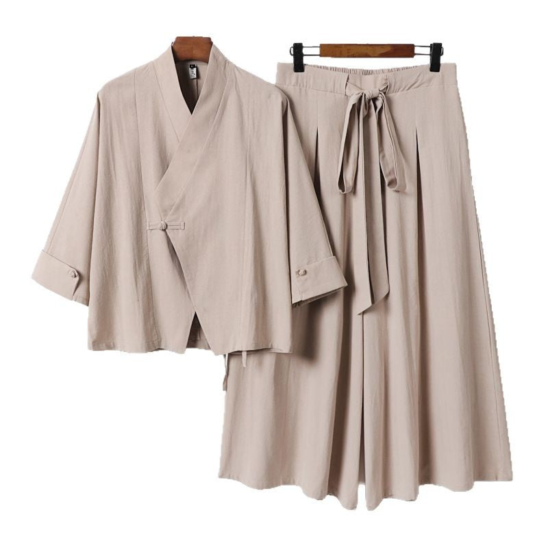 Damen Leichtes Kimono-Loungewear-Set mit V-Ausschnitt dreiviertelärmeln und weiten Palazzo-Hosen Nord Taschen
