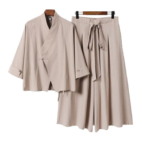 Damen Leichtes Kimono-Loungewear-Set mit V-Ausschnitt dreiviertelärmeln und weiten Palazzo-Hosen Nord Taschen